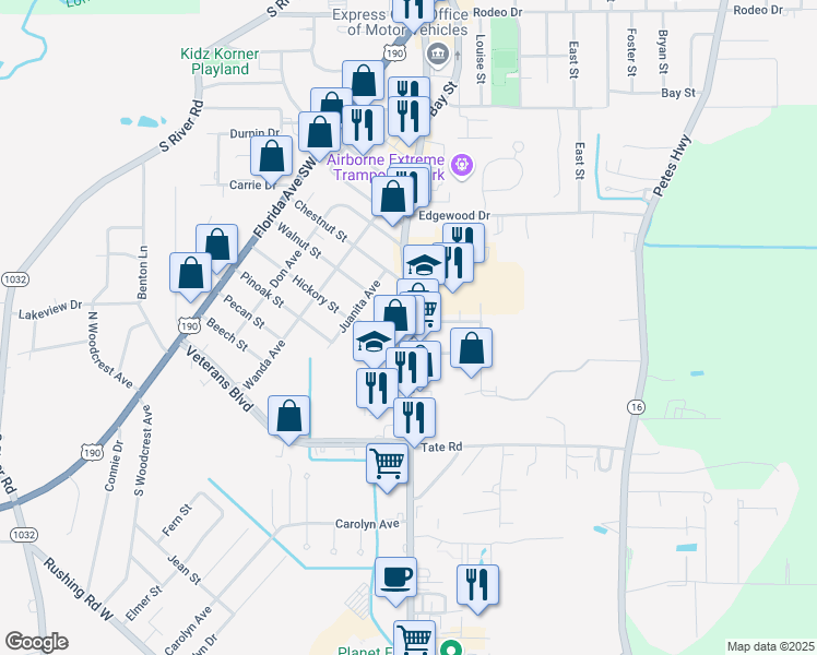 map of restaurants, bars, coffee shops, grocery stores, and more near 1129 South Range Avenue in Denham Springs