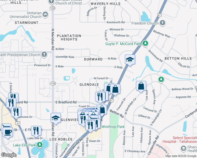 map of restaurants, bars, coffee shops, grocery stores, and more near 804 North Forest Drive in Tallahassee