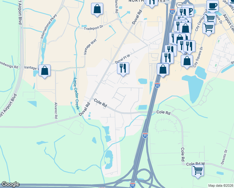 map of restaurants, bars, coffee shops, grocery stores, and more near 1338 Grassland Avenue in Jacksonville