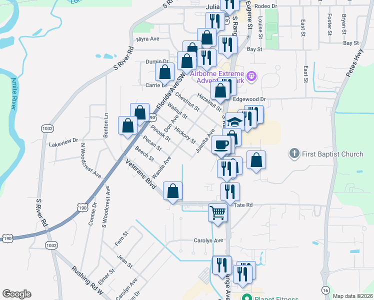 map of restaurants, bars, coffee shops, grocery stores, and more near 109 Pinoak Street in Denham Springs