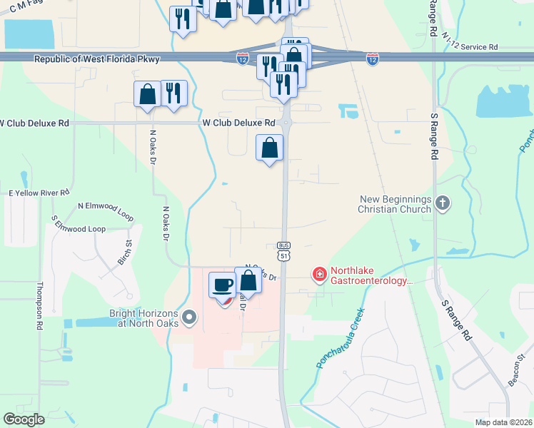 map of restaurants, bars, coffee shops, grocery stores, and more near 15835-0 De Marco Lane in Hammond