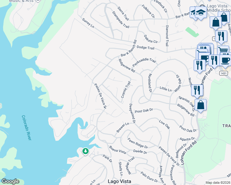 map of restaurants, bars, coffee shops, grocery stores, and more near 7102 Comstock Cove in Lago Vista