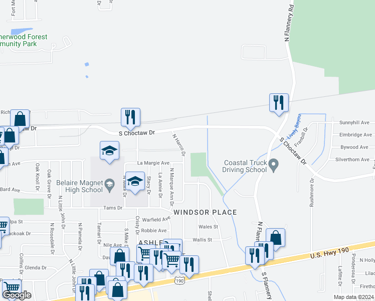 map of restaurants, bars, coffee shops, grocery stores, and more near 1962 North Harco Drive in Baton Rouge