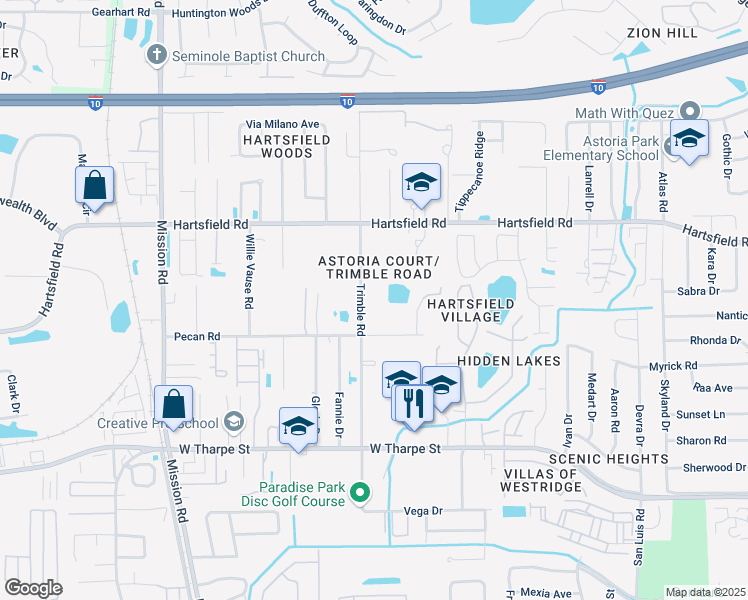 map of restaurants, bars, coffee shops, grocery stores, and more near 2124 Trimble Road in Tallahassee