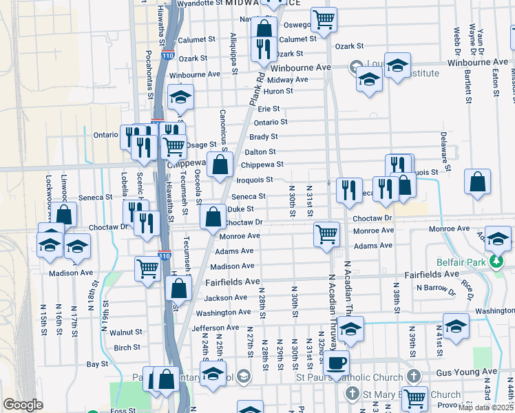 map of restaurants, bars, coffee shops, grocery stores, and more near 2717 Duke Street in Baton Rouge