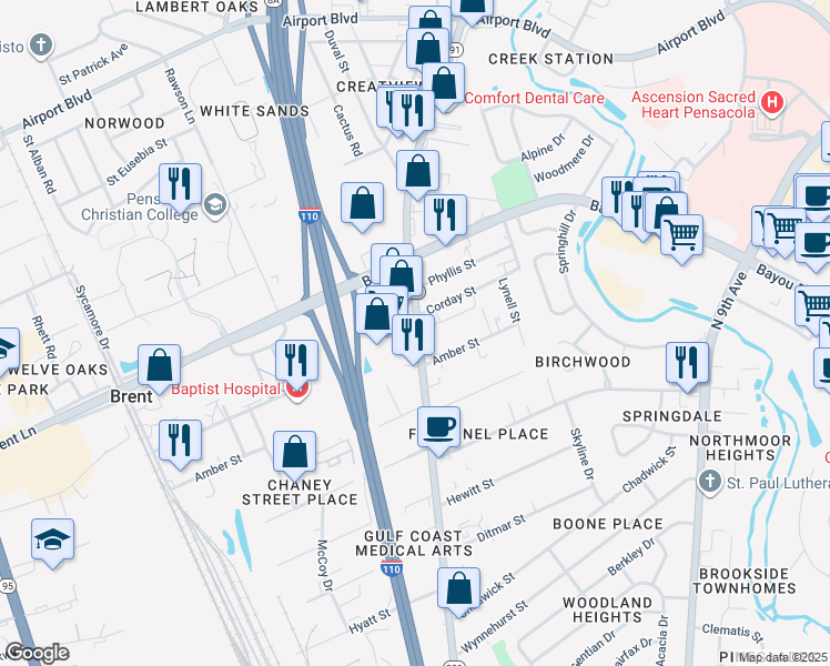 map of restaurants, bars, coffee shops, grocery stores, and more near Florida 291 in Pensacola