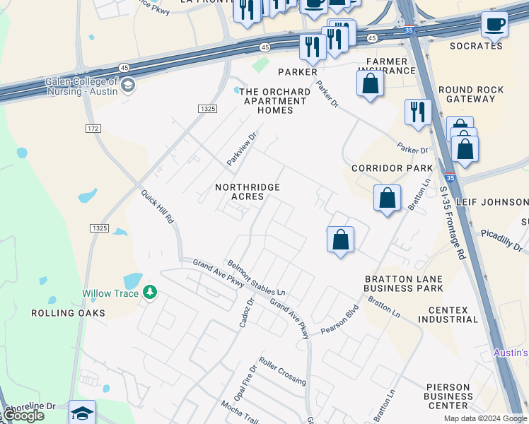 map of restaurants, bars, coffee shops, grocery stores, and more near 16245 Travesia Way in Austin