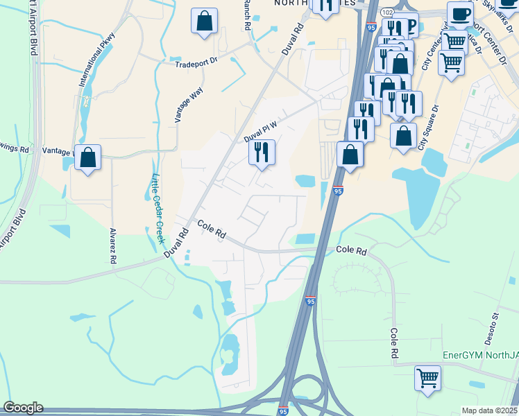 map of restaurants, bars, coffee shops, grocery stores, and more near 1329 Grassland Avenue in Jacksonville