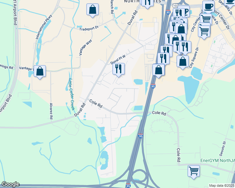 map of restaurants, bars, coffee shops, grocery stores, and more near 1329 Grassland Avenue in Jacksonville