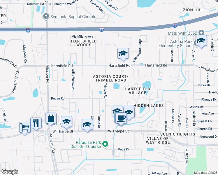 map of restaurants, bars, coffee shops, grocery stores, and more near 2124 Trimble Road in Tallahassee