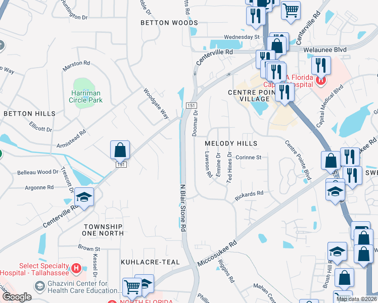map of restaurants, bars, coffee shops, grocery stores, and more near 2027 Doomar Drive in Tallahassee