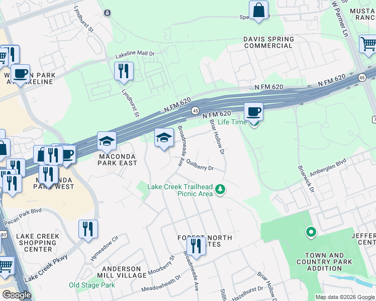 map of restaurants, bars, coffee shops, grocery stores, and more near 13505 Broadmeade Avenue in Austin