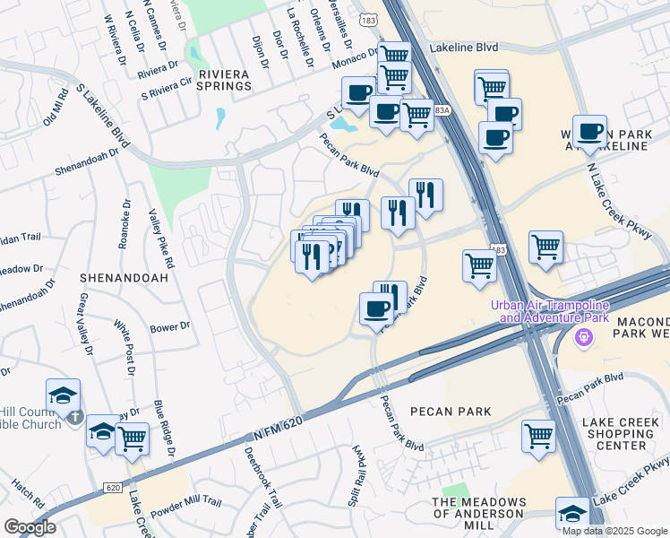 map of restaurants, bars, coffee shops, grocery stores, and more near 11200 Lakeline Mall Drive in Cedar Park