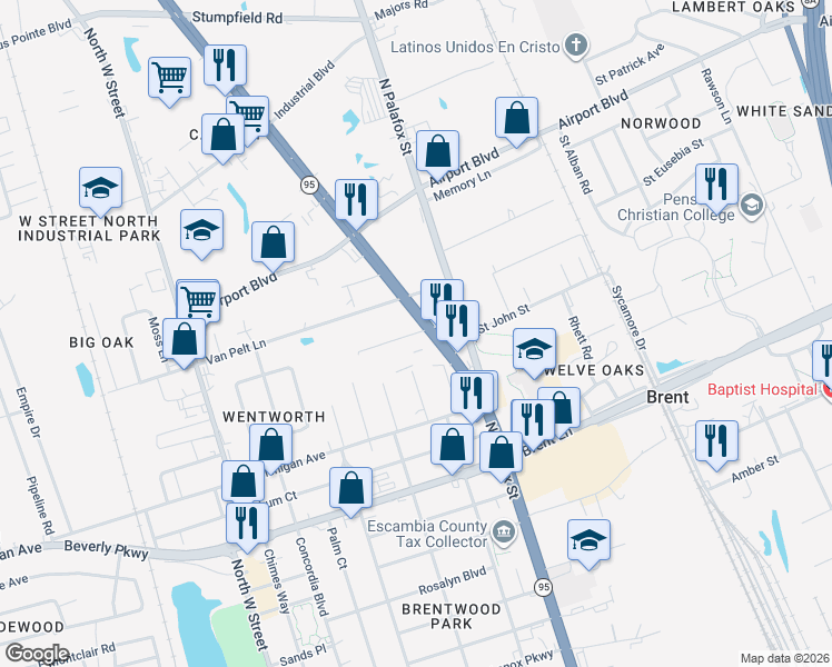 map of restaurants, bars, coffee shops, grocery stores, and more near 2-194 Boone Street in Pensacola