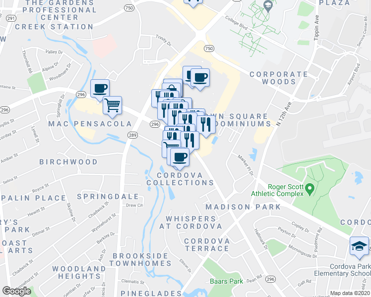 map of restaurants, bars, coffee shops, grocery stores, and more near 4781 Florida 296 in Pensacola