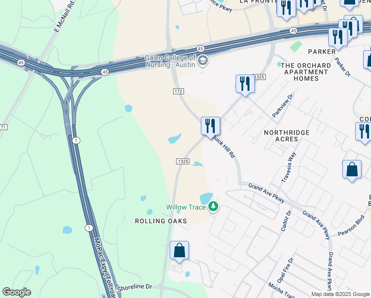 map of restaurants, bars, coffee shops, grocery stores, and more near 16034 Farm to Market Road 1325 in Austin