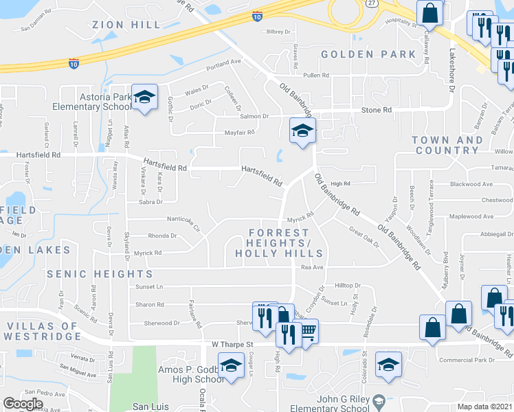 map of restaurants, bars, coffee shops, grocery stores, and more near 1711 Verina court in Tallahassee