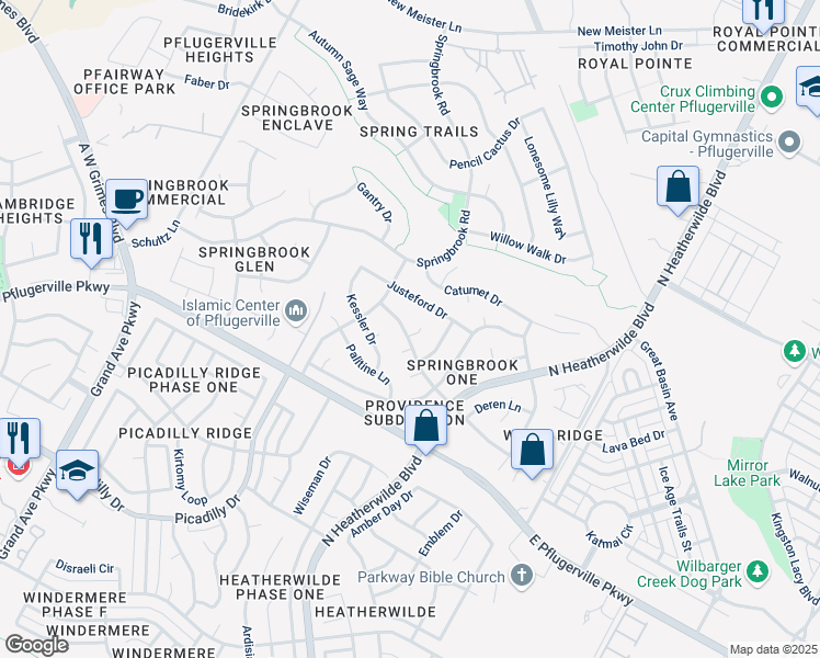 map of restaurants, bars, coffee shops, grocery stores, and more near 17900 Betterman Cove in Pflugerville