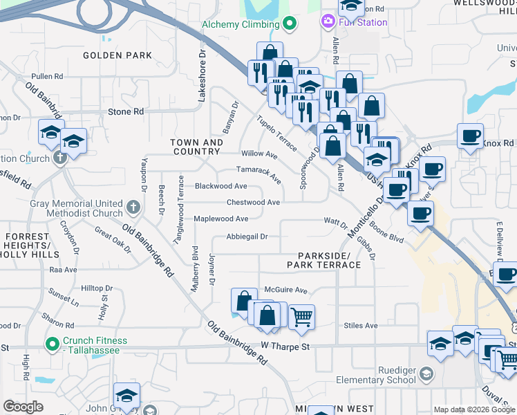 map of restaurants, bars, coffee shops, grocery stores, and more near 825 Chestwood Avenue in Tallahassee