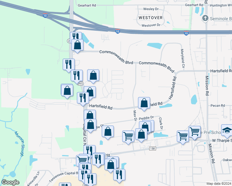 map of restaurants, bars, coffee shops, grocery stores, and more near 4727-4743 Marseilles Boulevard in Tallahassee