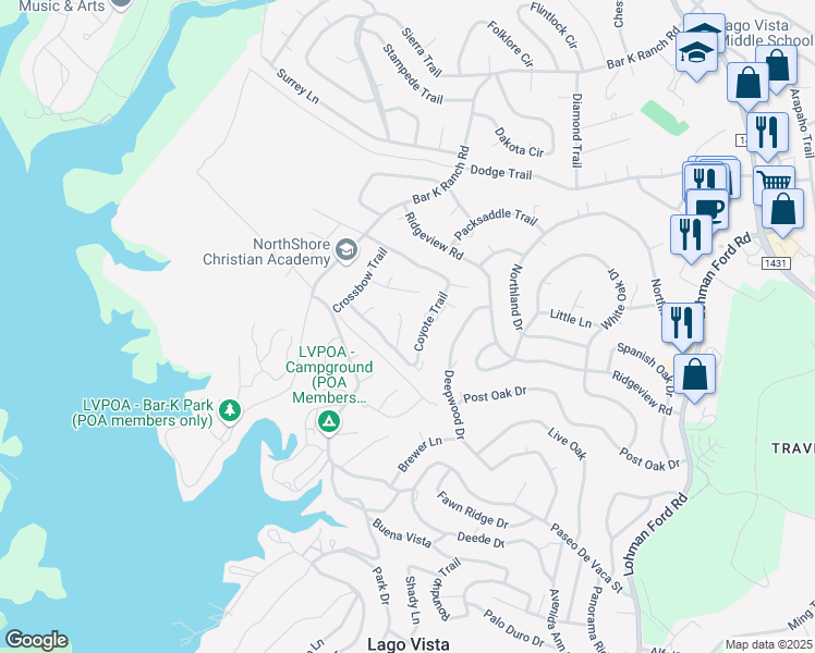 map of restaurants, bars, coffee shops, grocery stores, and more near 7102 Comstock Cove in Lago Vista