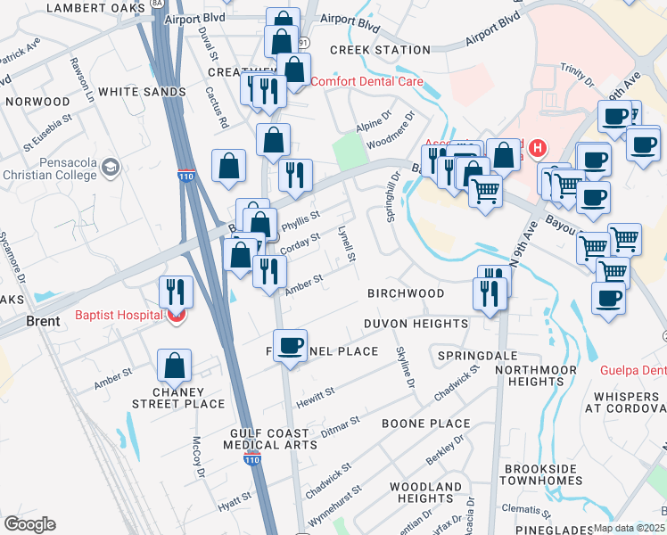 map of restaurants, bars, coffee shops, grocery stores, and more near 540 Amber Street in Pensacola