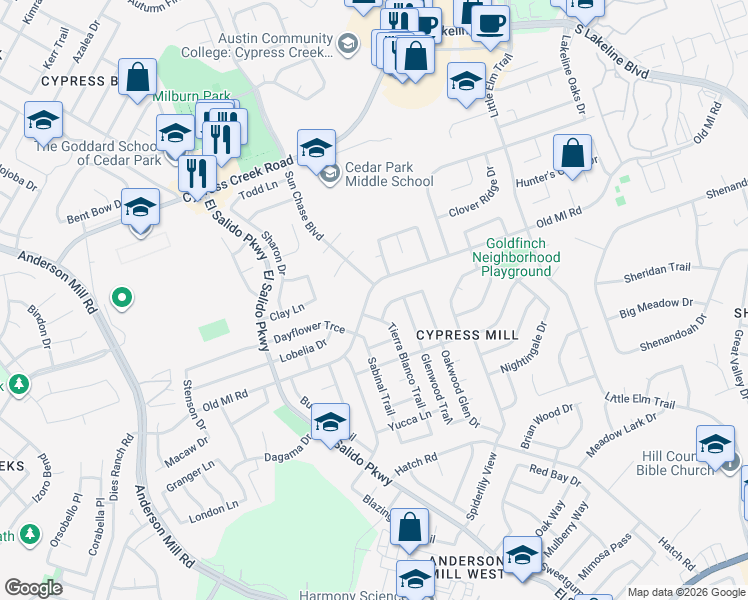 map of restaurants, bars, coffee shops, grocery stores, and more near 1703 Old Mill Road in Cedar Park