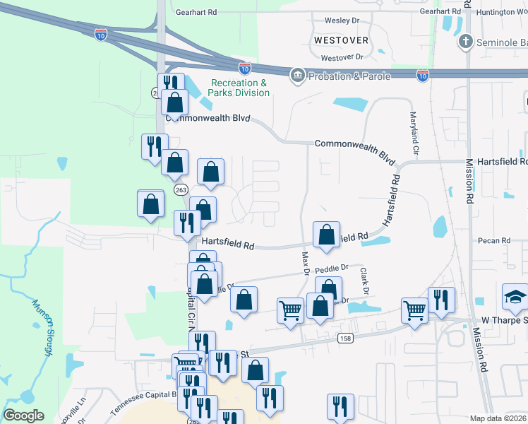 map of restaurants, bars, coffee shops, grocery stores, and more near 4727 Marseilles Boulevard in Tallahassee