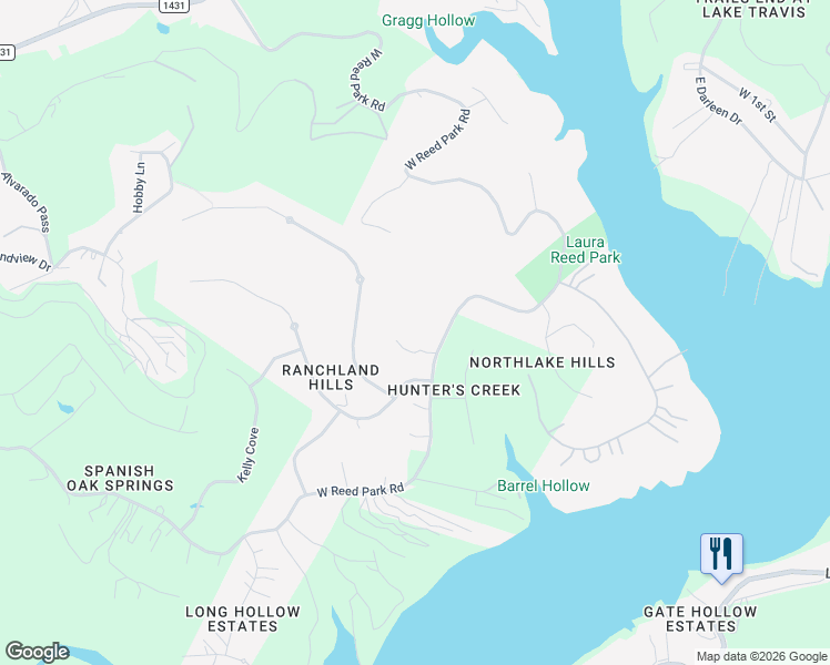 map of restaurants, bars, coffee shops, grocery stores, and more near 17652 West Reed Park Road in Jonestown