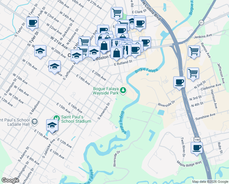 map of restaurants, bars, coffee shops, grocery stores, and more near 221 South America Street in Covington