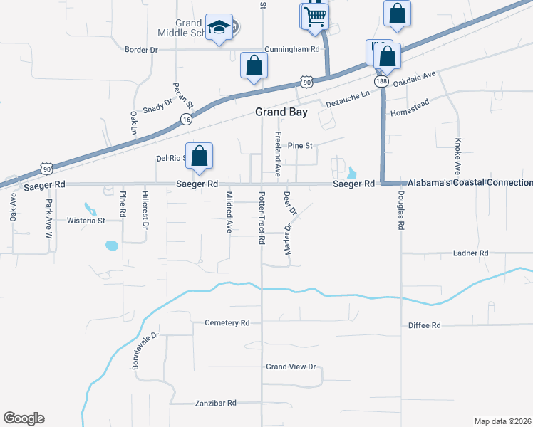 map of restaurants, bars, coffee shops, grocery stores, and more near 10571 Potter Tract Road in Grand Bay