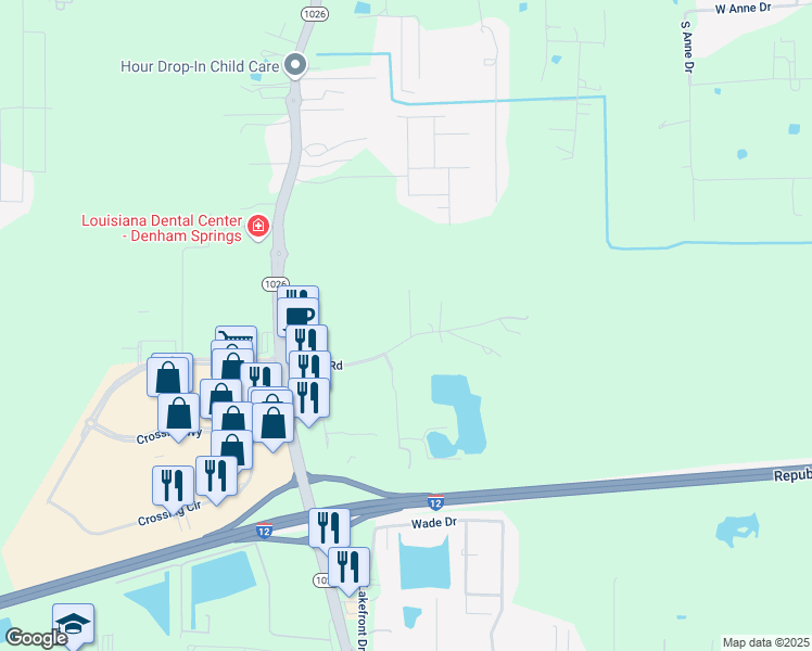 map of restaurants, bars, coffee shops, grocery stores, and more near 10379 Cassle Road in Denham Springs