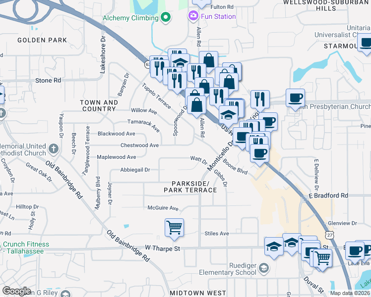 map of restaurants, bars, coffee shops, grocery stores, and more near 805 Chestwood Avenue in Tallahassee