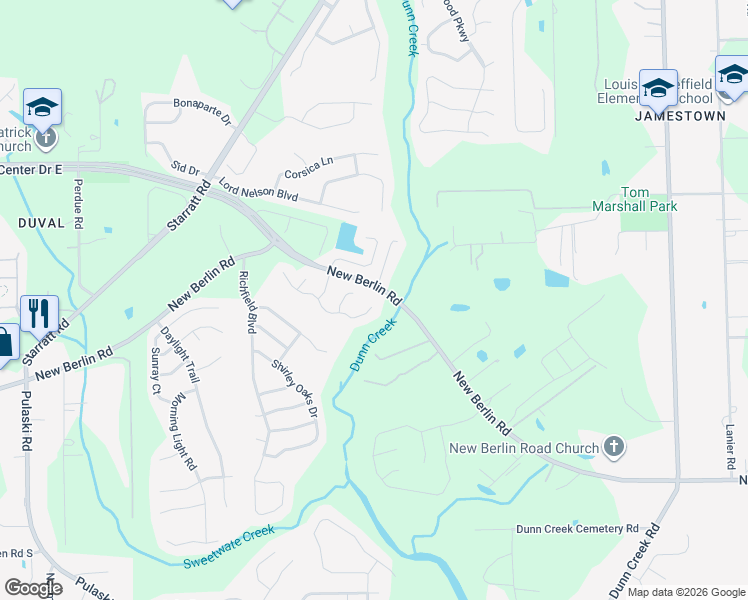 map of restaurants, bars, coffee shops, grocery stores, and more near 1485 Lindsey Crossing Drive in Jacksonville