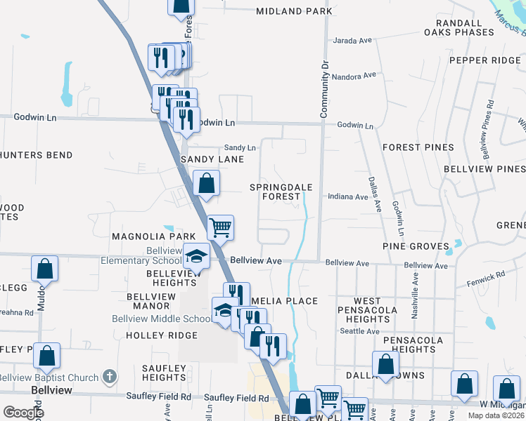 map of restaurants, bars, coffee shops, grocery stores, and more near 1030 Simpson Street in Pensacola