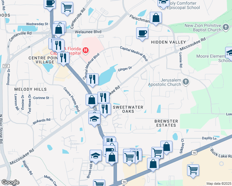 map of restaurants, bars, coffee shops, grocery stores, and more near 2929 Miccosukee Road in Tallahassee