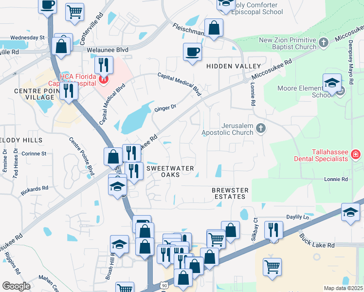 map of restaurants, bars, coffee shops, grocery stores, and more near 13 Miccosukee Loop in Tallahassee