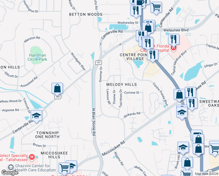 map of restaurants, bars, coffee shops, grocery stores, and more near 1955 Lawson Road in Tallahassee