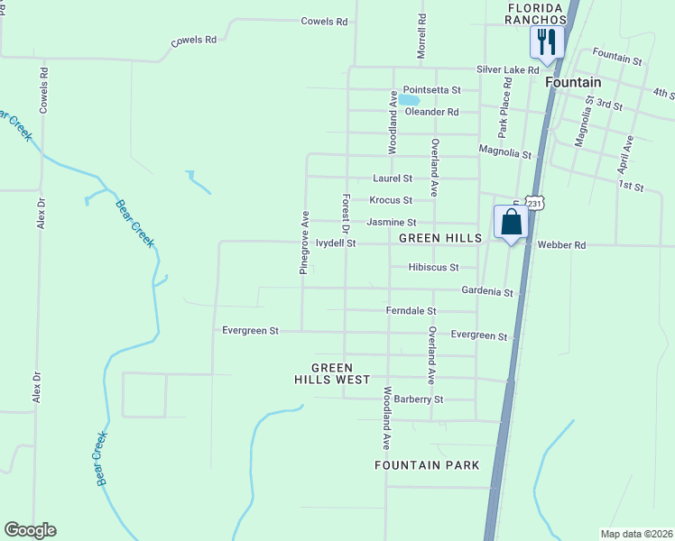 map of restaurants, bars, coffee shops, grocery stores, and more near 11707 Gardenia Street in Fountain