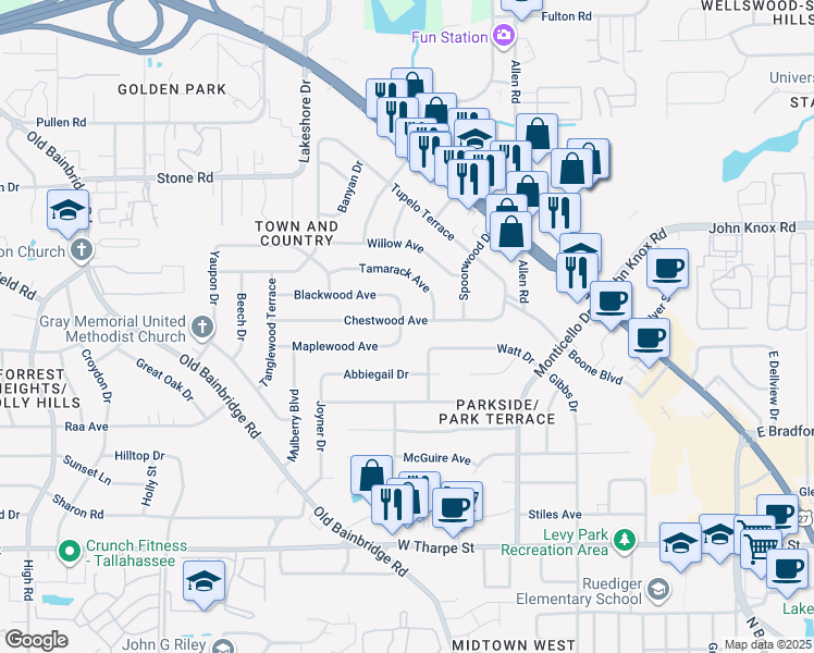 map of restaurants, bars, coffee shops, grocery stores, and more near 825 Chestwood Avenue in Tallahassee