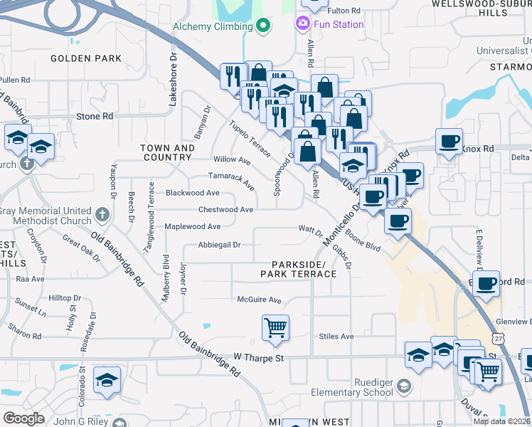 map of restaurants, bars, coffee shops, grocery stores, and more near 815 Chestwood Avenue in Tallahassee