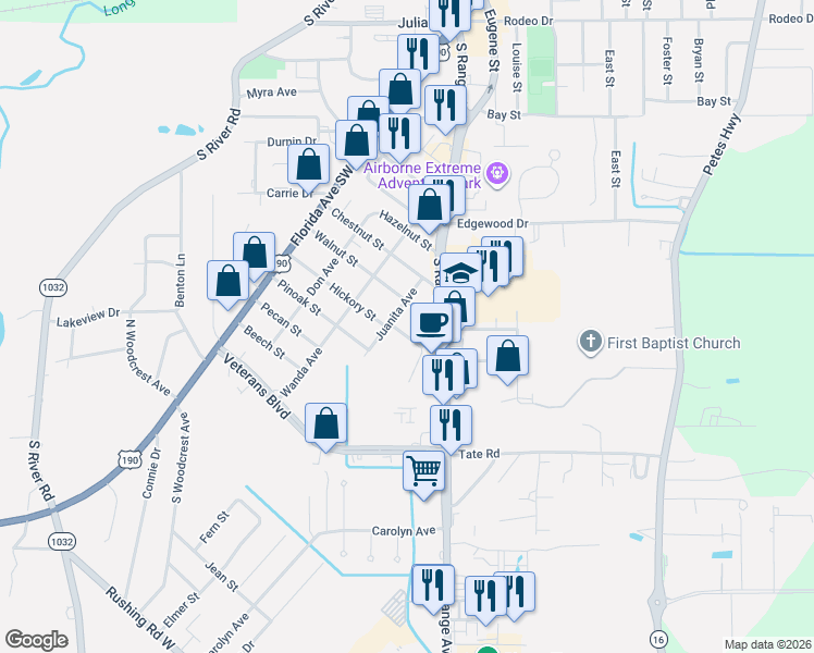 map of restaurants, bars, coffee shops, grocery stores, and more near 120 Hickory Street in Denham Springs