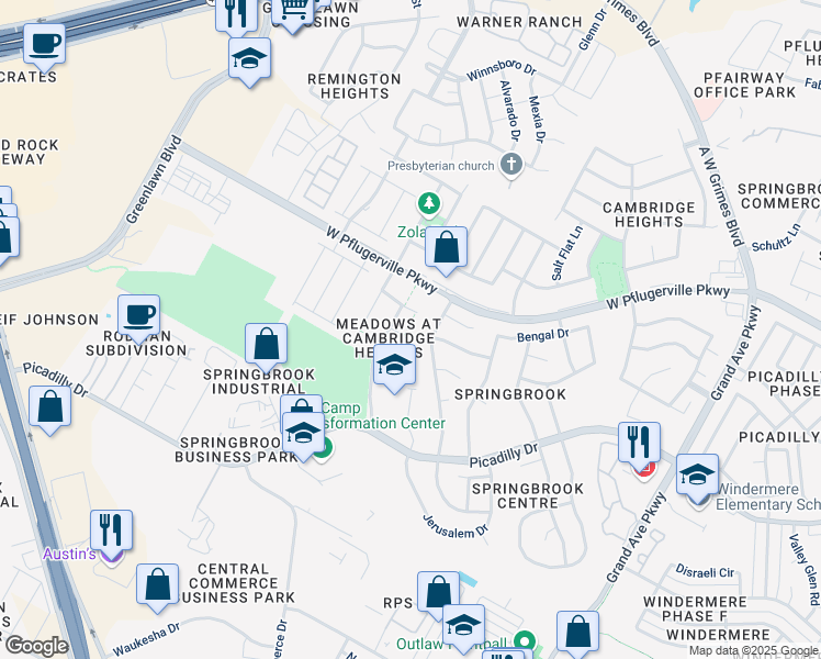 map of restaurants, bars, coffee shops, grocery stores, and more near 1802 Silone Circle in Round Rock