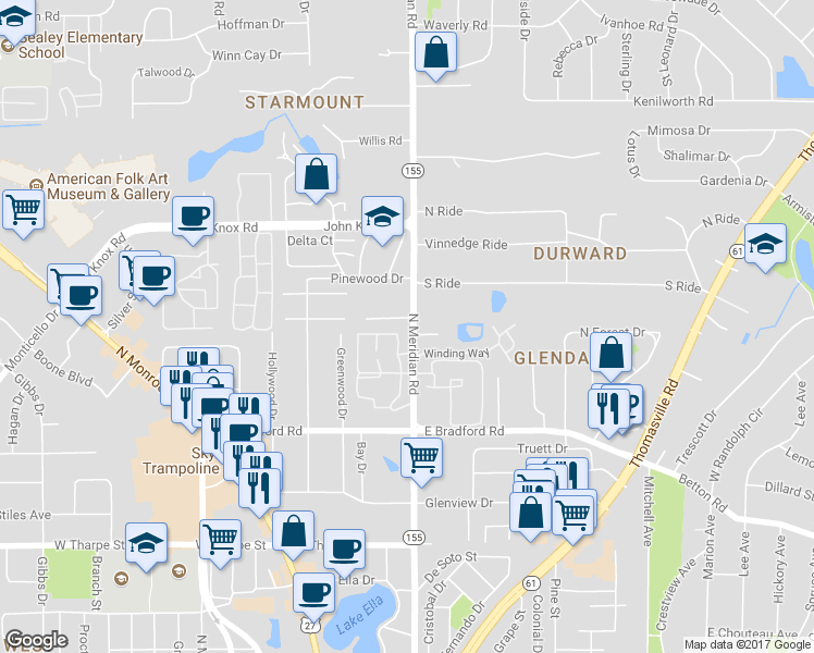 map of restaurants, bars, coffee shops, grocery stores, and more near 121 Locke Street in Tallahassee