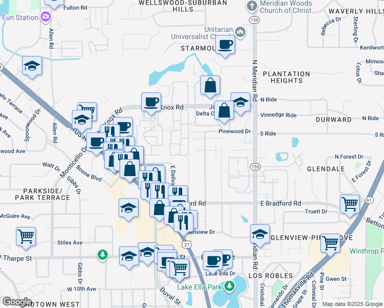 map of restaurants, bars, coffee shops, grocery stores, and more near 255 South Villas Court in Tallahassee
