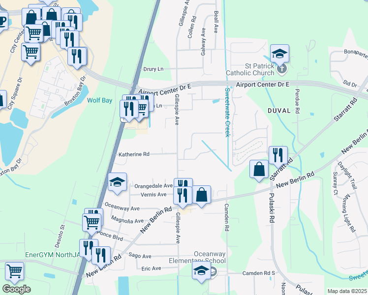 map of restaurants, bars, coffee shops, grocery stores, and more near 337 Harley Drive in Jacksonville