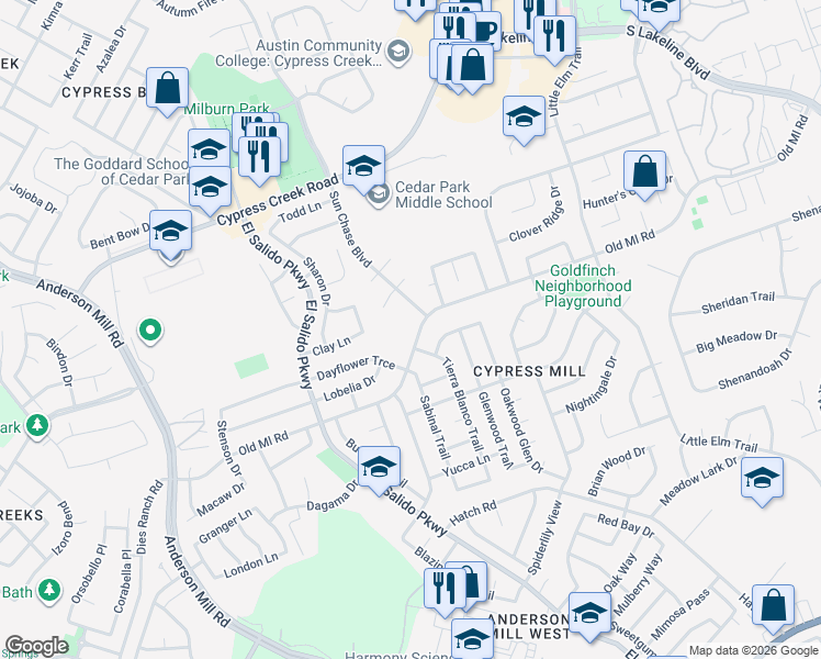 map of restaurants, bars, coffee shops, grocery stores, and more near 1703 Old Mill Road in Cedar Park