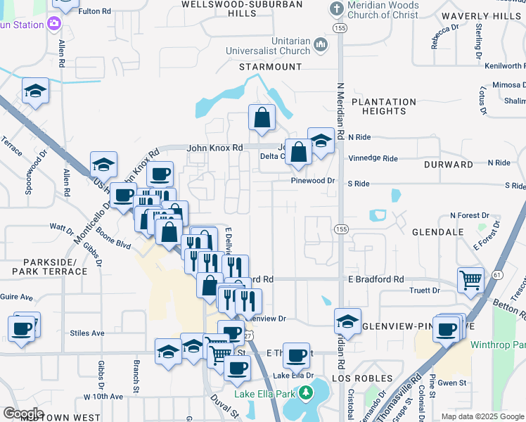 map of restaurants, bars, coffee shops, grocery stores, and more near 255 South Villas Court in Tallahassee