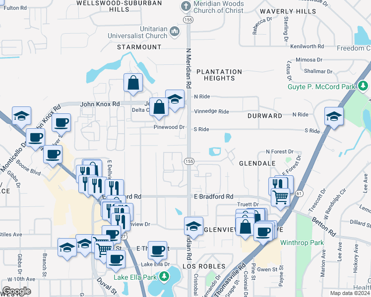 map of restaurants, bars, coffee shops, grocery stores, and more near 121 Locke Street in Tallahassee
