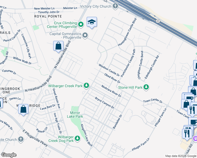 map of restaurants, bars, coffee shops, grocery stores, and more near 709 Noatak Trail in Pflugerville